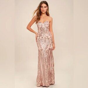 LULU's Bariano Rebecca Rose Gold Strapless Sequin Maxi Dress